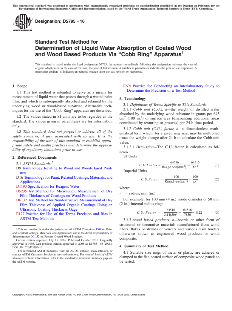 ASTM D5795-16 - Standard Test Method for Determination of Liquid Water Absorption of Coated Wood and  Wood Based Products Via &#x201c;Cobb Ring&#x201d;  Apparatus