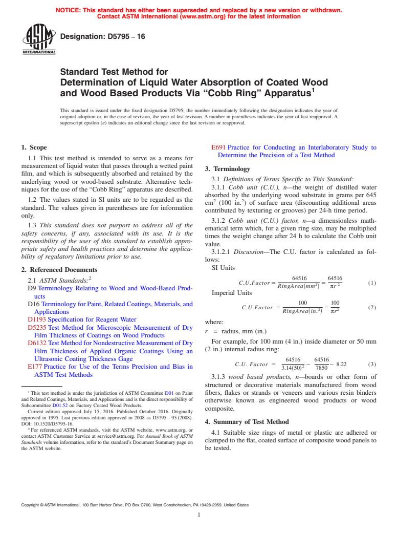 ASTM D5795-16 - Standard Test Method for Determination of Liquid Water Absorption of Coated Wood and  Wood Based Products Via &#x201c;Cobb Ring&#x201d;  Apparatus