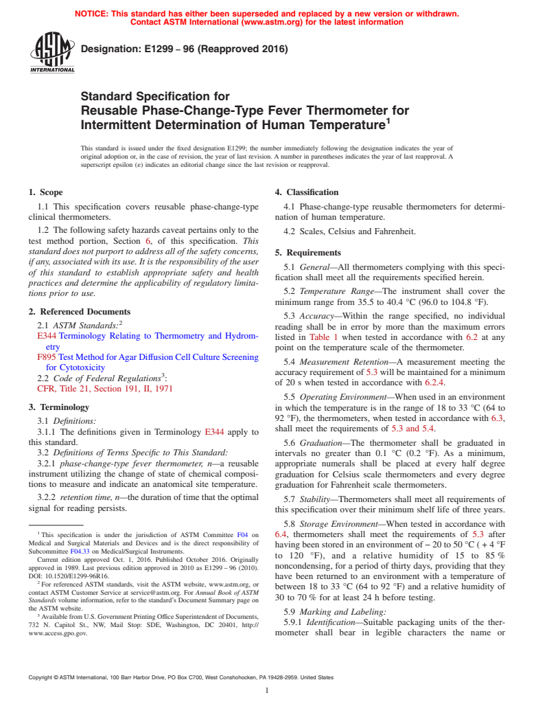 ASTM E1299-96(2016) - Standard Specification for Reusable Phase-Change-Type Fever Thermometer for Intermittent  Determination of Human Temperature