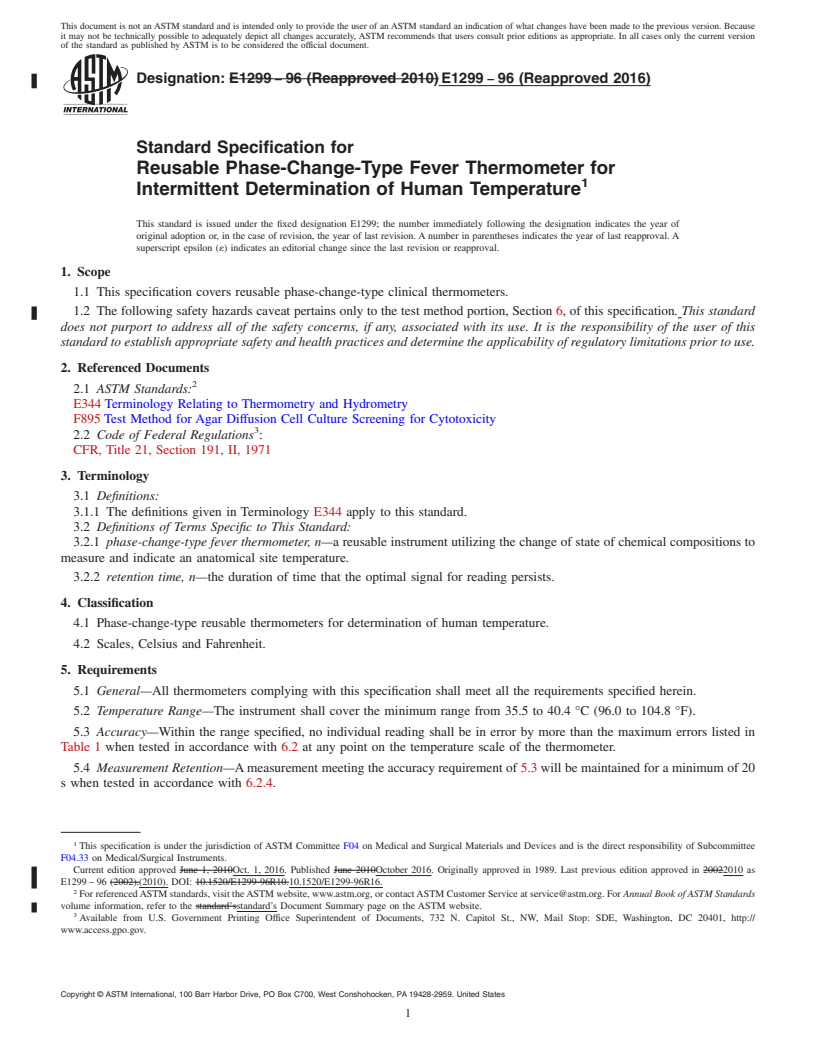 REDLINE ASTM E1299-96(2016) - Standard Specification for Reusable Phase-Change-Type Fever Thermometer for Intermittent  Determination of Human Temperature