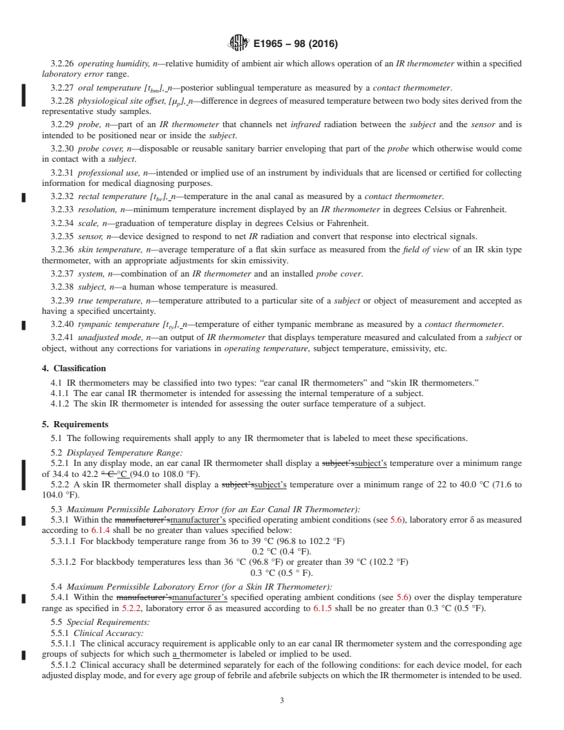 REDLINE ASTM E1965-98(2016) - Standard Specification for Infrared Thermometers for Intermittent Determination of Patient  Temperature