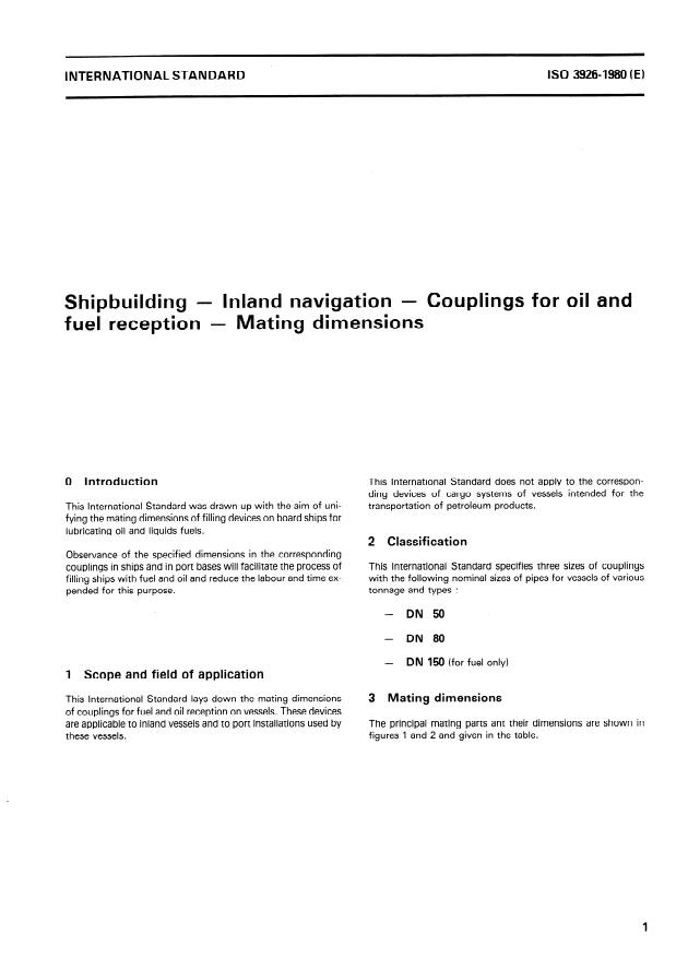 ISO 3926:1980 - Shipbuilding -- Inland navigation -- Couplings for oil and fuel reception -- Mating dimensions