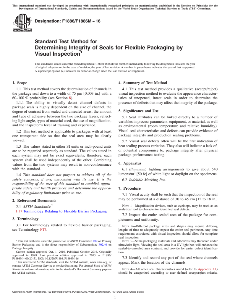 ASTM F1886/F1886M-16 - Standard Test Method for  Determining Integrity of Seals for Flexible Packaging by Visual   Inspection