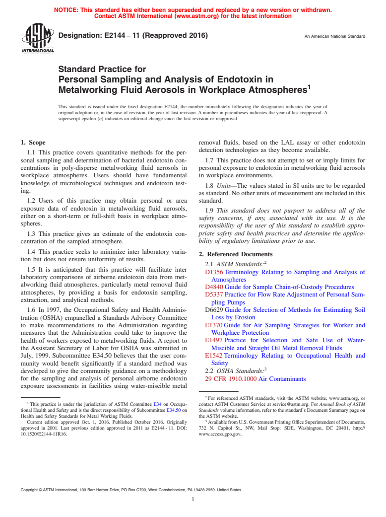 ASTM E2144-11(2016) - Standard Practice for  Personal Sampling and Analysis of Endotoxin in Metalworking  Fluid Aerosols in Workplace Atmospheres