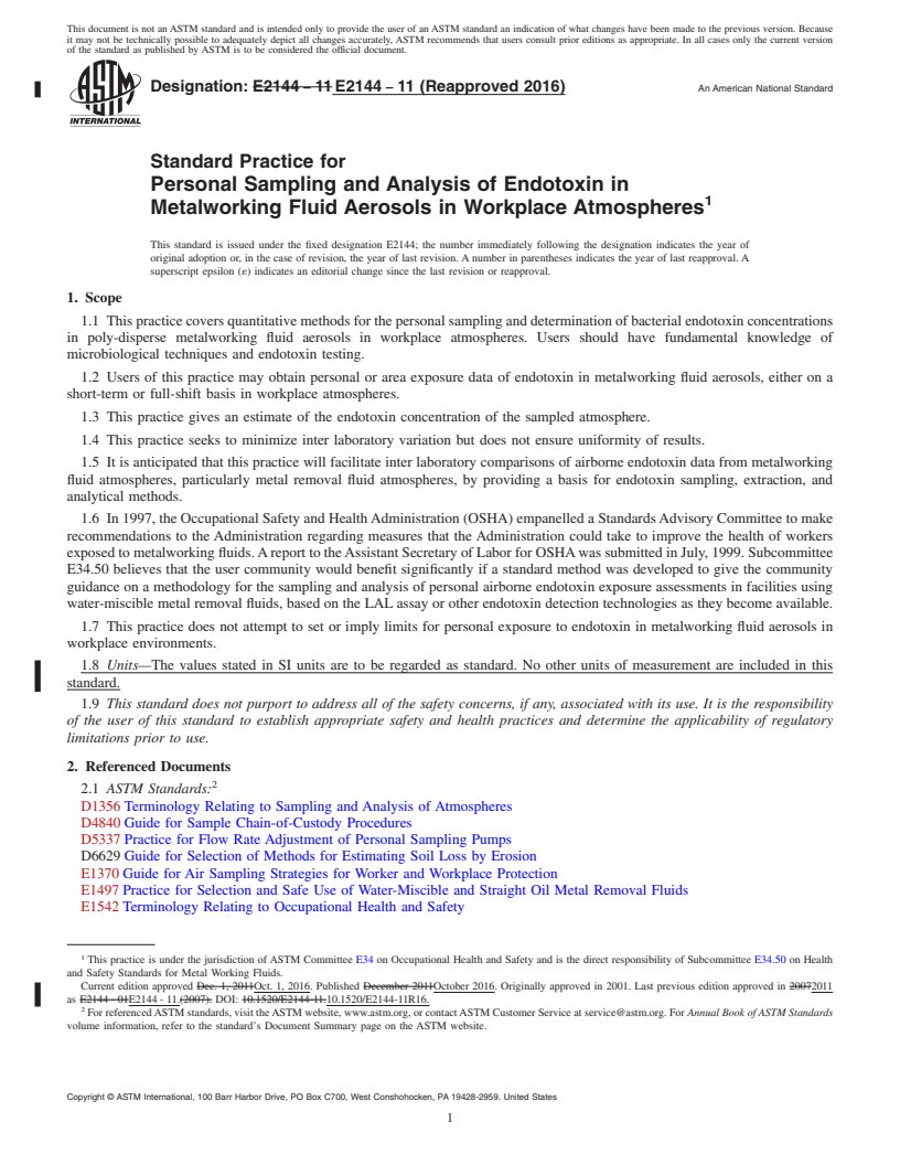 REDLINE ASTM E2144-11(2016) - Standard Practice for  Personal Sampling and Analysis of Endotoxin in Metalworking  Fluid Aerosols in Workplace Atmospheres