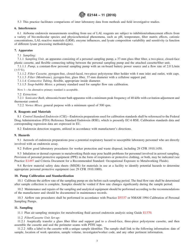 REDLINE ASTM E2144-11(2016) - Standard Practice for  Personal Sampling and Analysis of Endotoxin in Metalworking  Fluid Aerosols in Workplace Atmospheres