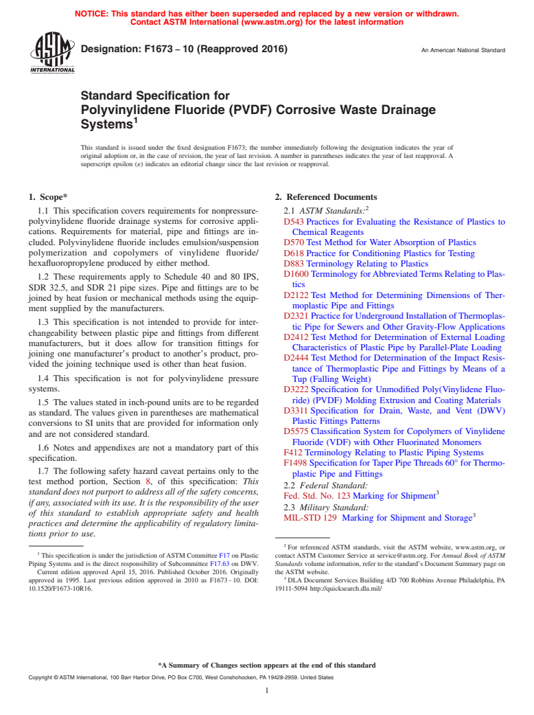 ASTM F1673-10(2016) - Standard Specification for  Polyvinylidene Fluoride (PVDF) Corrosive Waste Drainage Systems