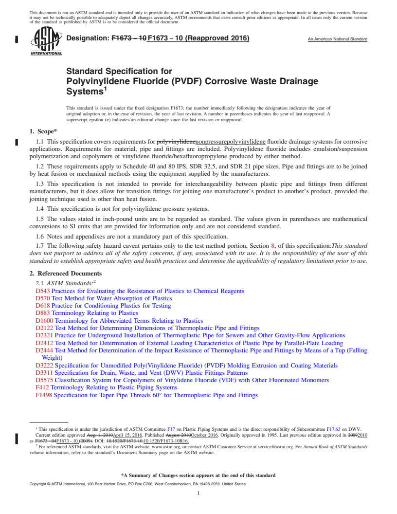 REDLINE ASTM F1673-10(2016) - Standard Specification for  Polyvinylidene Fluoride (PVDF) Corrosive Waste Drainage Systems