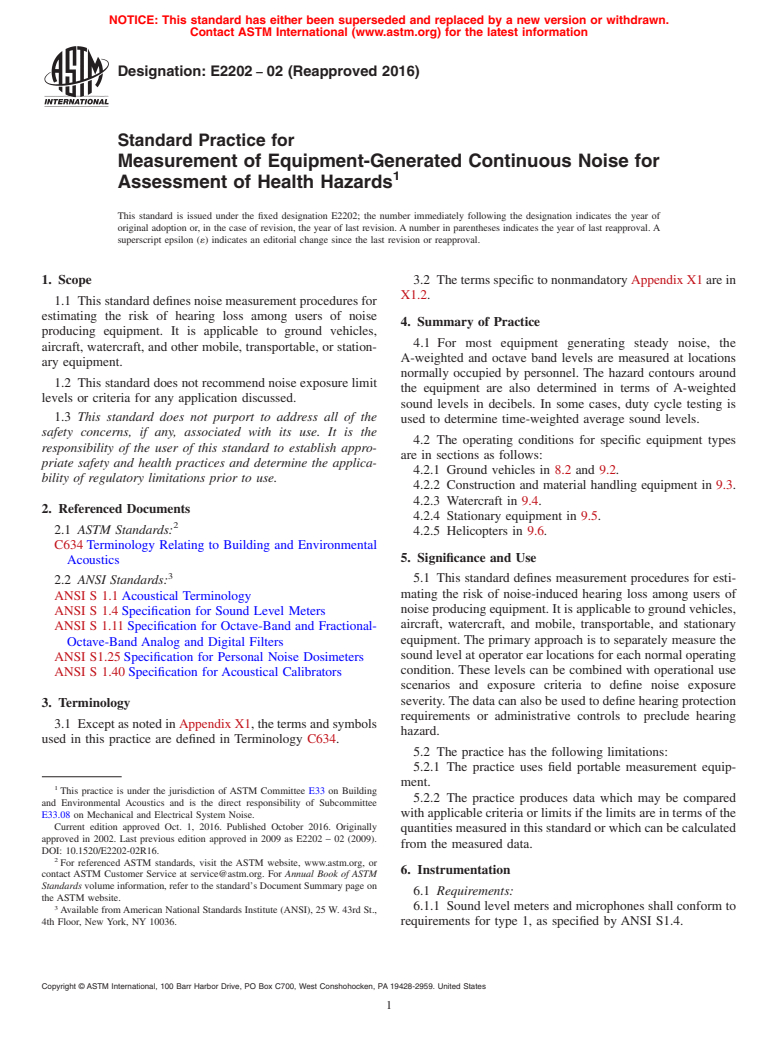 ASTM E2202-02(2016) - Standard Practice for  Measurement of Equipment-Generated Continuous Noise for Assessment  of Health Hazards