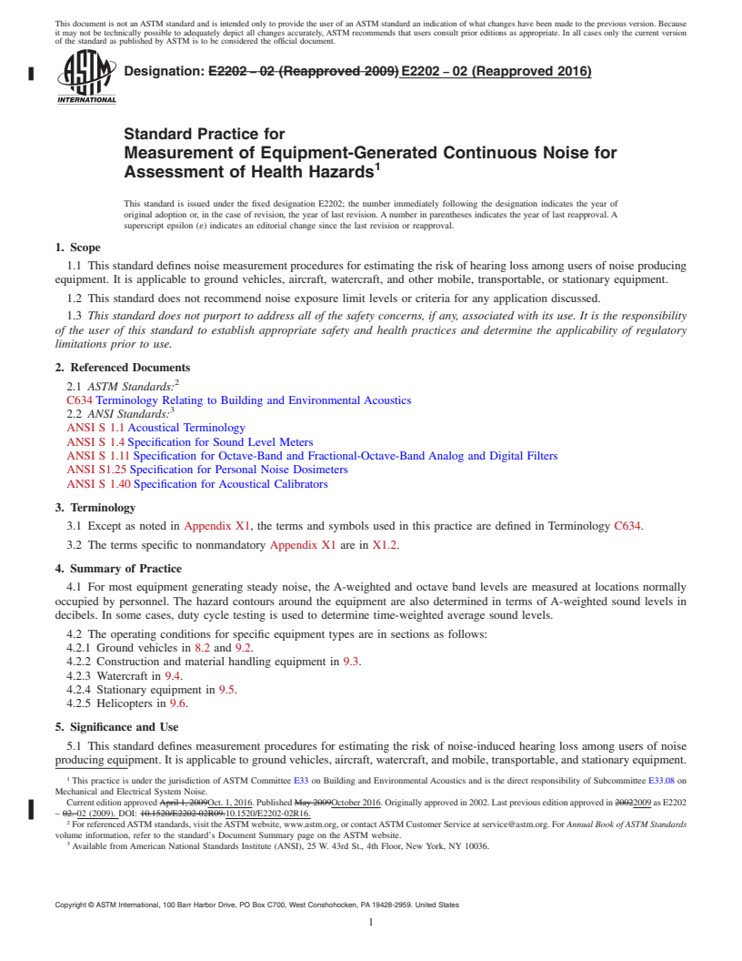 REDLINE ASTM E2202-02(2016) - Standard Practice for  Measurement of Equipment-Generated Continuous Noise for Assessment  of Health Hazards