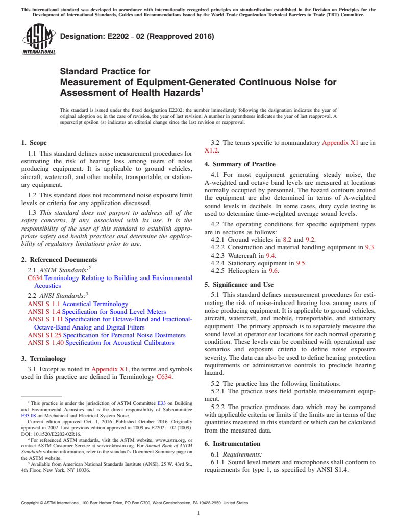 ASTM E2202-02(2016) - Standard Practice for  Measurement of Equipment-Generated Continuous Noise for Assessment  of Health Hazards