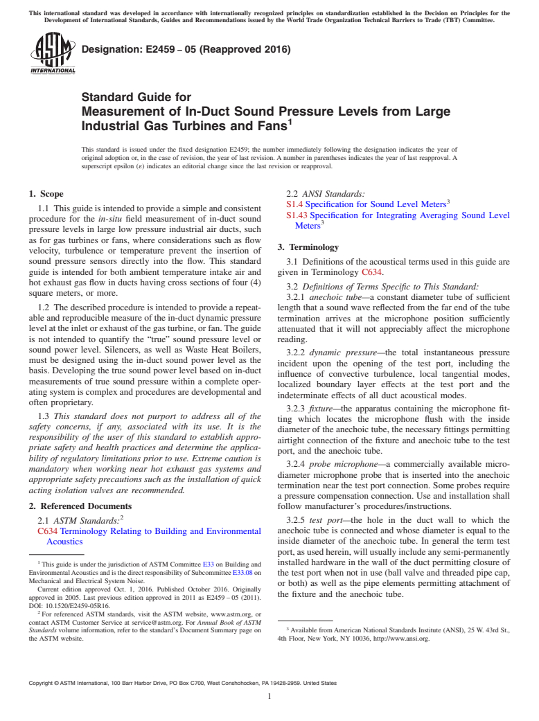 ASTM E2459-05(2016) - Standard Guide for Measurement of In-Duct Sound Pressure Levels from Large Industrial  Gas Turbines and Fans