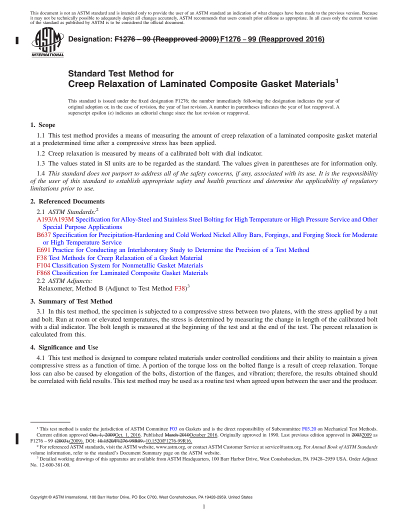 REDLINE ASTM F1276-99(2016) - Standard Test Method for  Creep Relaxation of Laminated Composite Gasket Materials