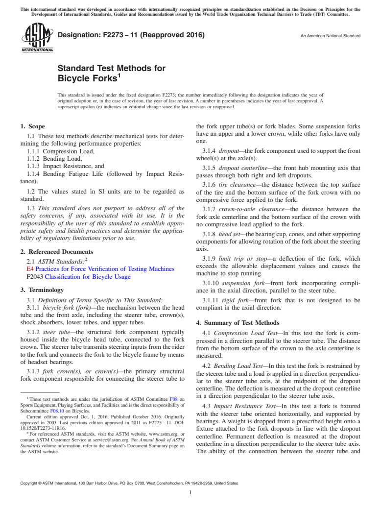 ASTM F2273-11(2016) - Standard Test Methods for Bicycle Forks