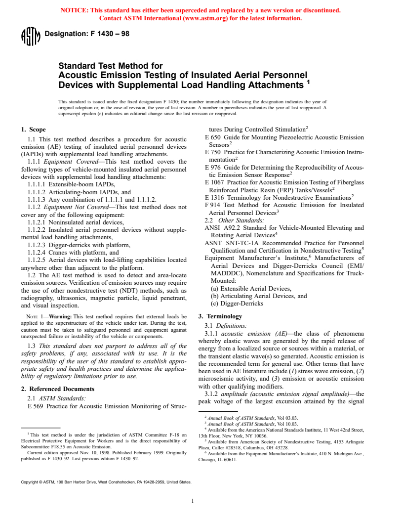ASTM F1430-98 - Standard Test Method for Acoustic Emission Testing of Insulated Aerial Personnel Devices with Supplemental Load Handling Attachments