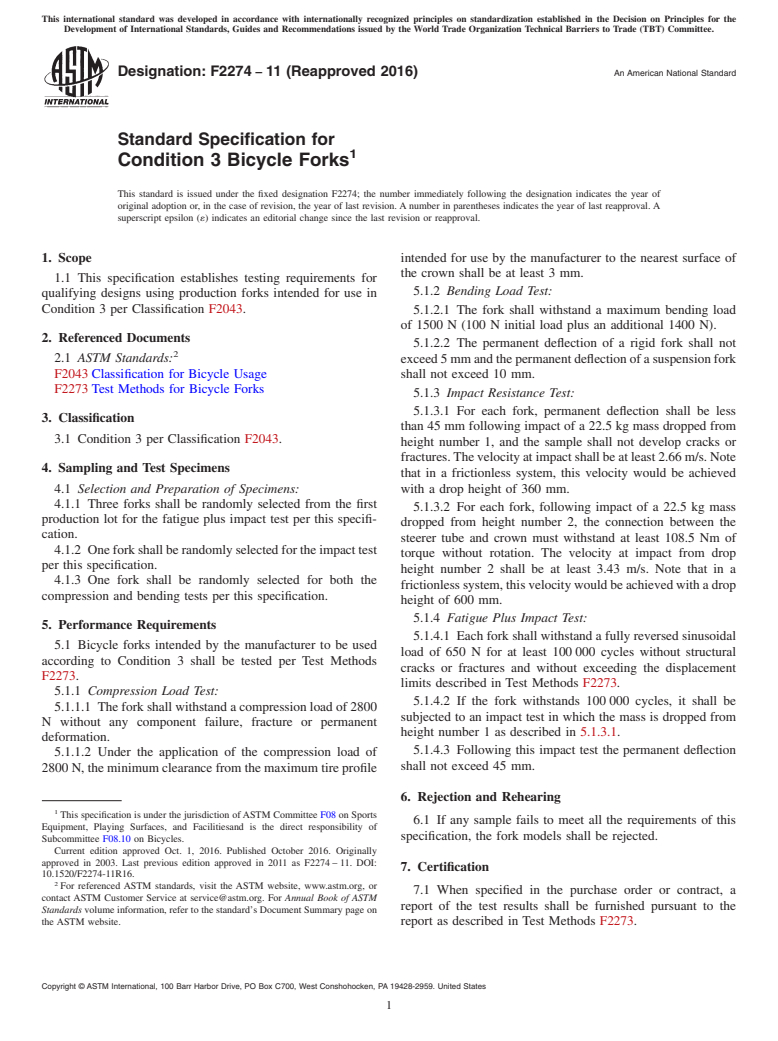 ASTM F2274-11(2016) - Standard Specification for  Condition 3 Bicycle Forks