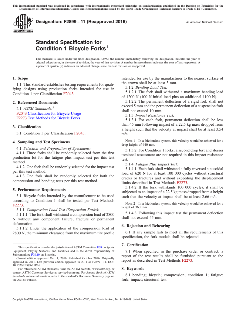 ASTM F2899-11(2016) - Standard Specification for  Condition 1 Bicycle Forks