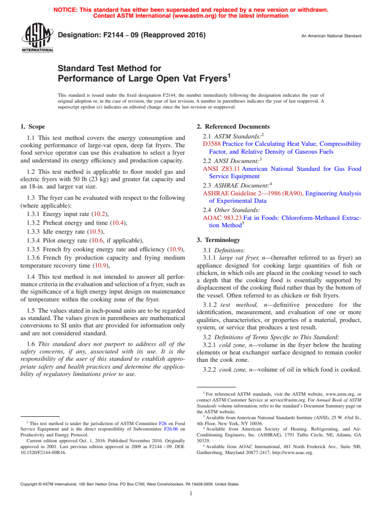 ASTM F2144-09(2016) - Standard Test Method for  Performance of Large Open Vat Fryers