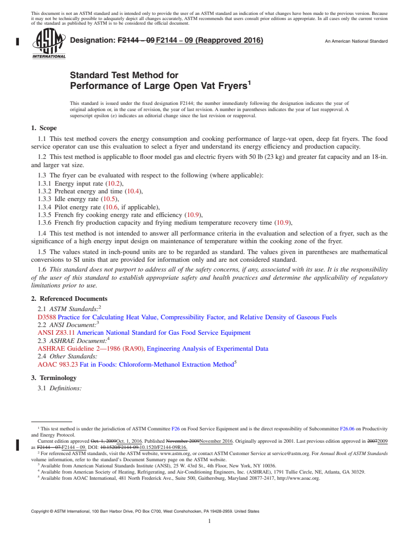 REDLINE ASTM F2144-09(2016) - Standard Test Method for  Performance of Large Open Vat Fryers