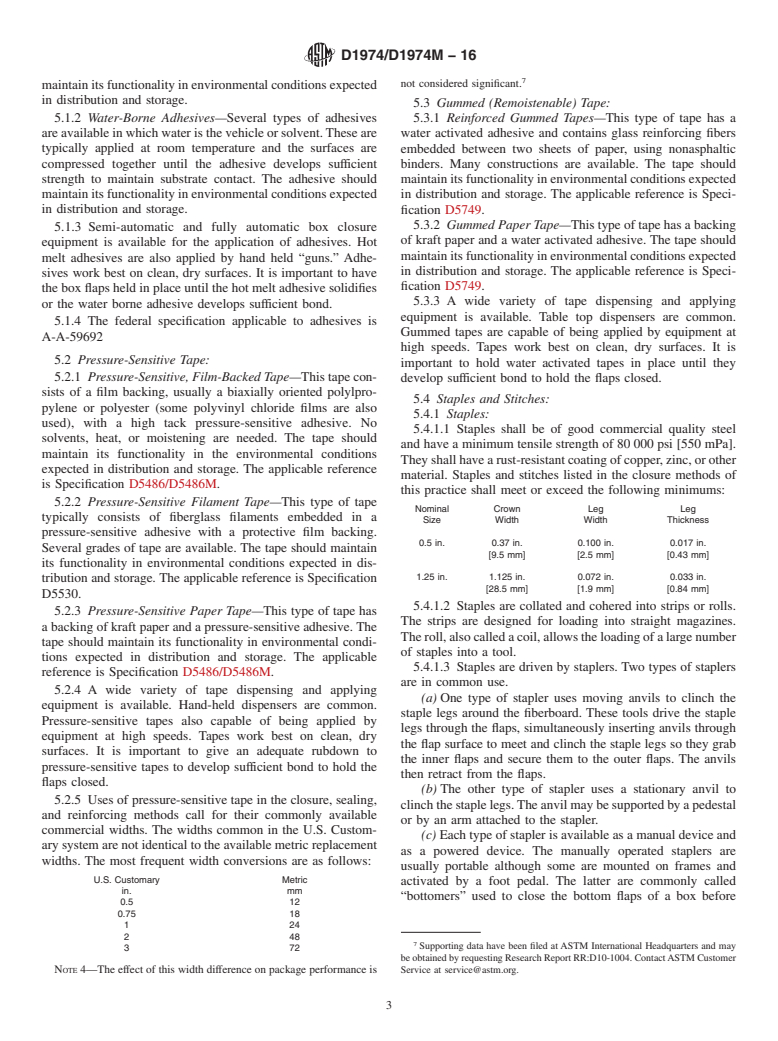 ASTM D1974/D1974M-16 - Standard Practice for Methods of Closing, Sealing, and Reinforcing Fiberboard Boxes