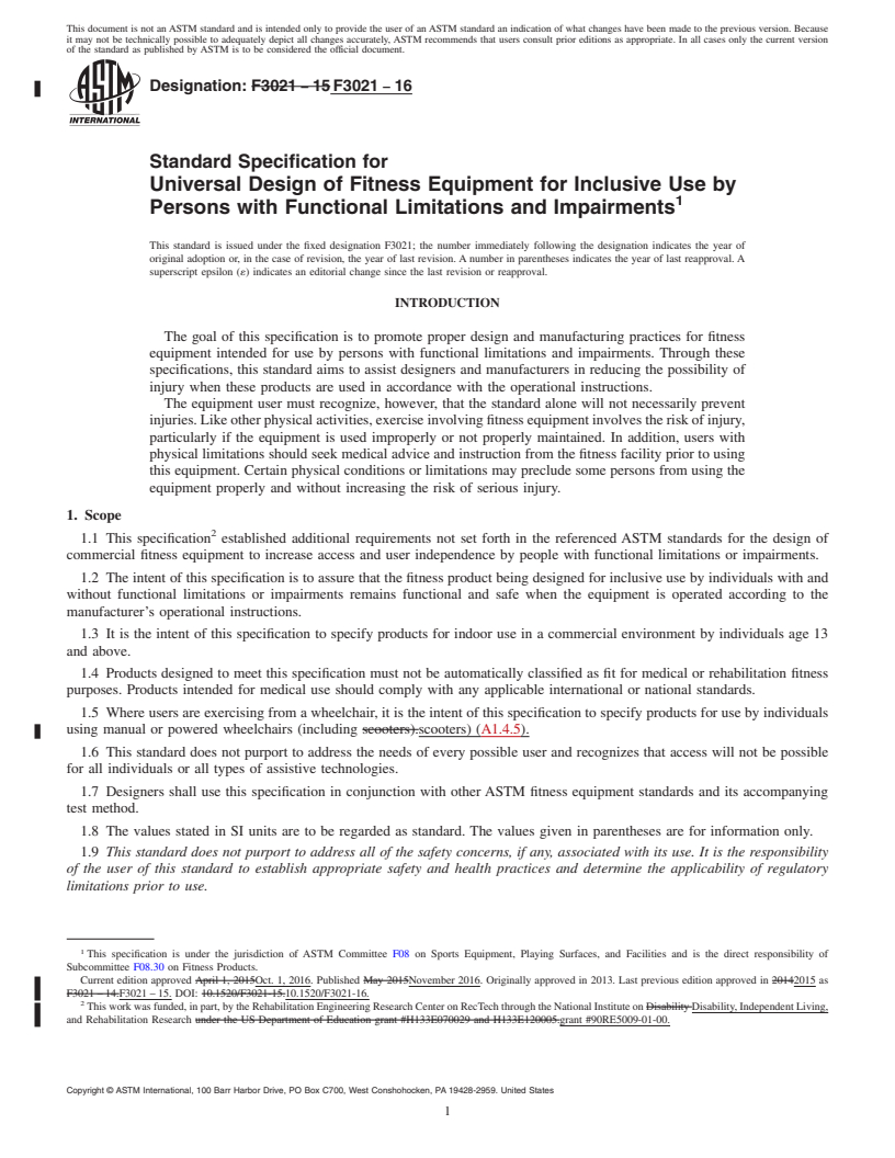 REDLINE ASTM F3021-16 - Standard Specification for Universal Design of Fitness Equipment for Inclusive Use by  Persons with Functional Limitations and Impairments