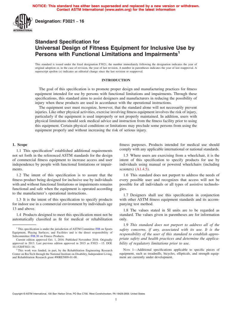 ASTM F3021-16 - Standard Specification for Universal Design of Fitness Equipment for Inclusive Use by  Persons with Functional Limitations and Impairments