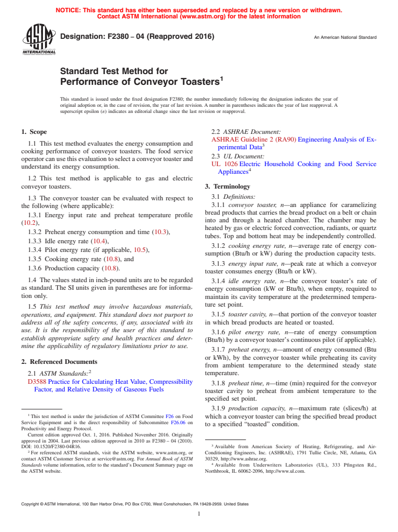 ASTM F2380-04(2016) - Standard Test Method for  Performance of Conveyor Toasters