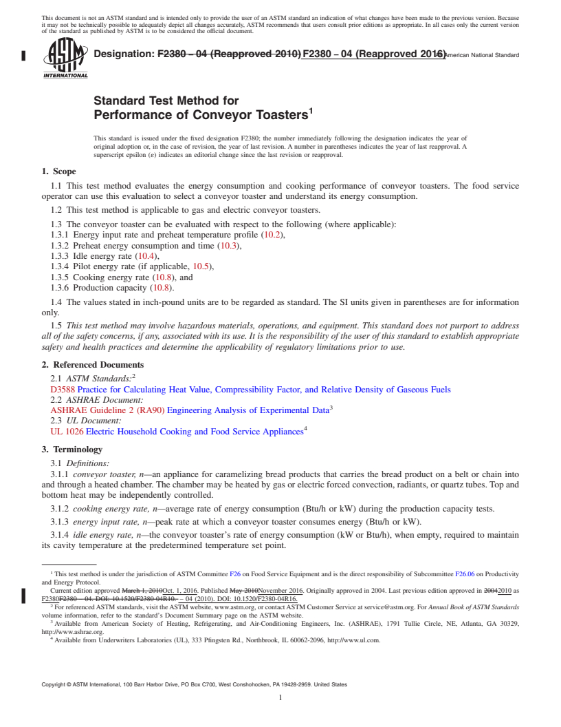 REDLINE ASTM F2380-04(2016) - Standard Test Method for  Performance of Conveyor Toasters