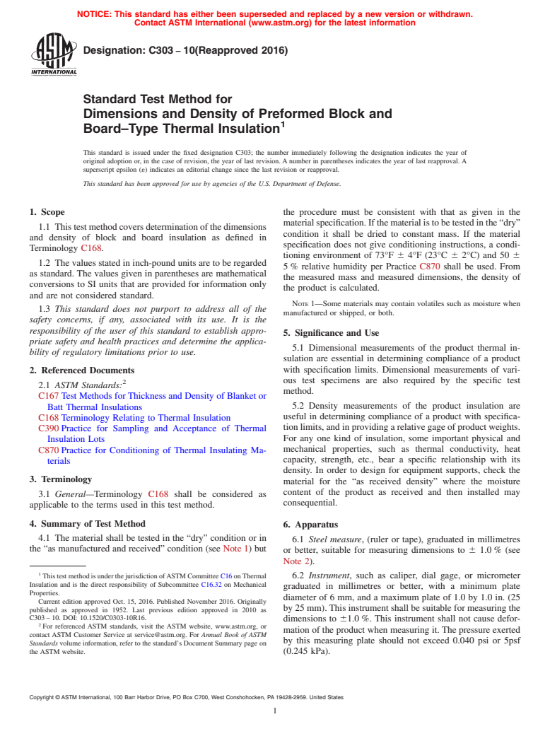 ASTM C303-10(2016) - Standard Test Method for  Dimensions and Density of Preformed Block and Board&#x2013;Type  Thermal  Insulation