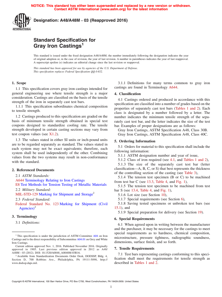 ASTM A48/A48M-03(2016) - Standard Specification for  Gray Iron Castings