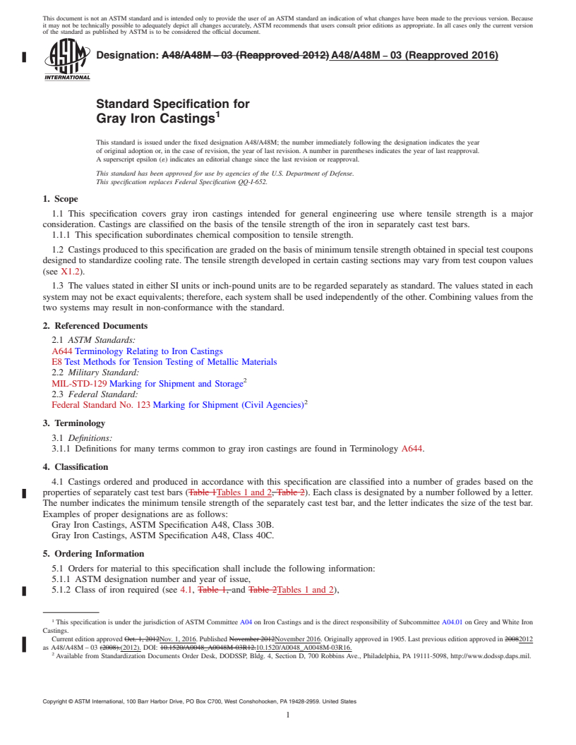 REDLINE ASTM A48/A48M-03(2016) - Standard Specification for  Gray Iron Castings