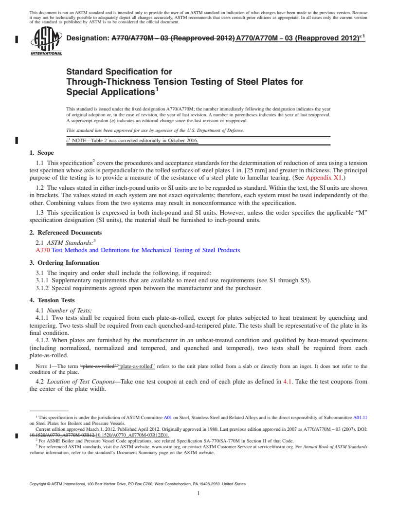 REDLINE ASTM A770/A770M-03(2012)e1 - Standard Specification for  Through-Thickness Tension Testing of Steel Plates for Special  Applications