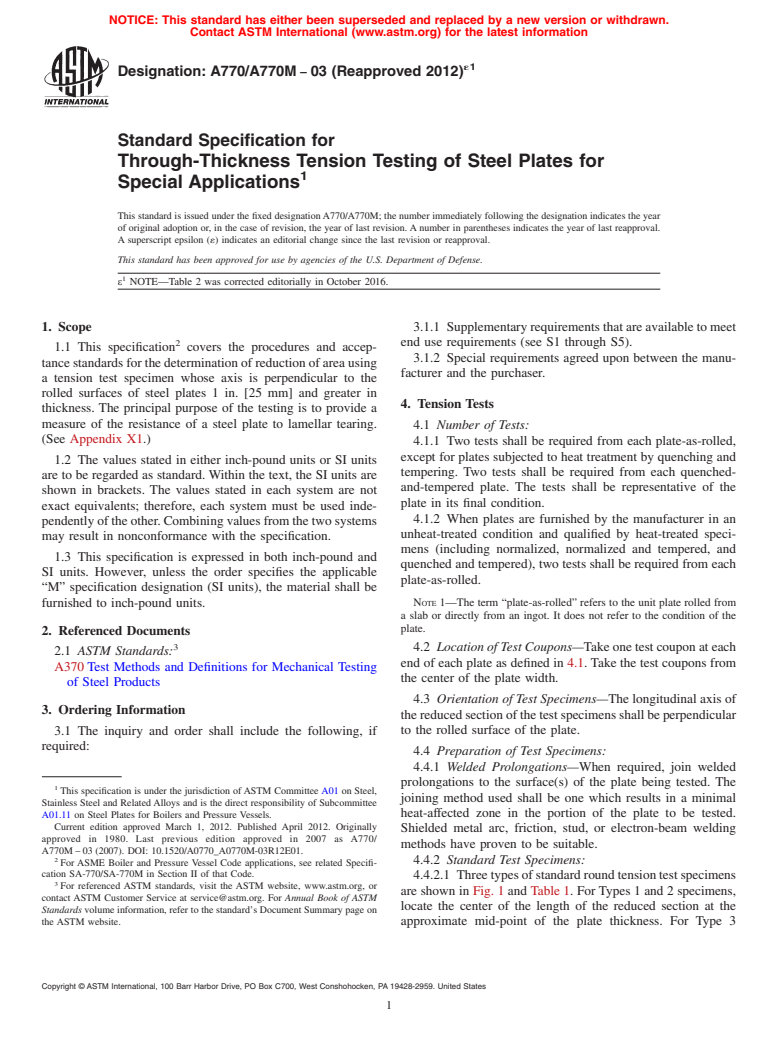 ASTM A770/A770M-03(2012)e1 - Standard Specification for  Through-Thickness Tension Testing of Steel Plates for Special  Applications