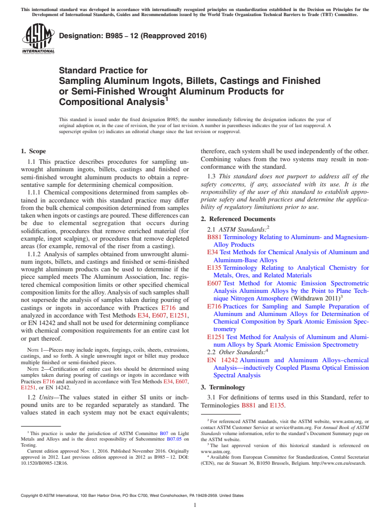 ASTM B985-12(2016) - Standard Practice for Sampling Aluminum Ingots, Billets, Castings and Finished or  Semi-Finished Wrought Aluminum Products for Compositional Analysis