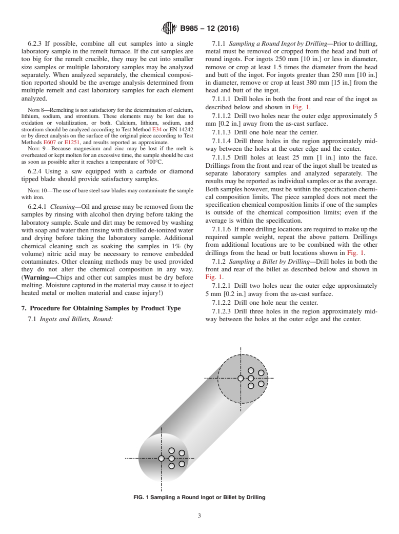 ASTM B985-12(2016) - Standard Practice for Sampling Aluminum Ingots, Billets, Castings and Finished or  Semi-Finished Wrought Aluminum Products for Compositional Analysis