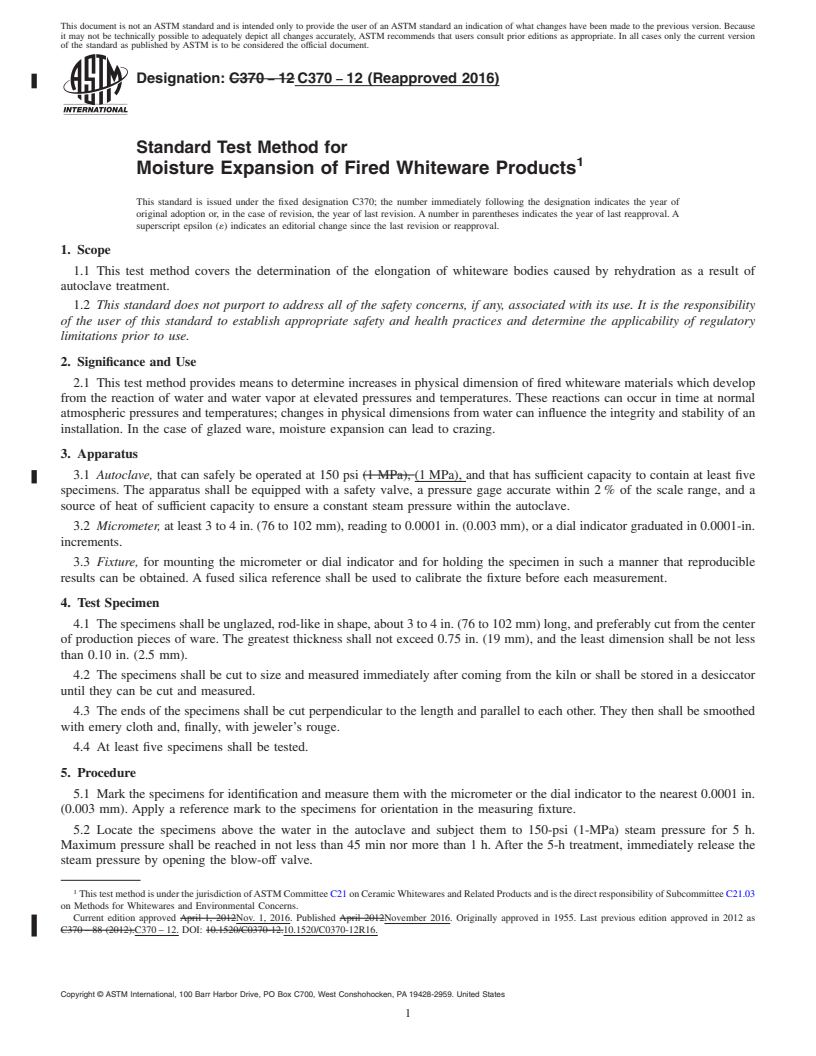 REDLINE ASTM C370-12(2016) - Standard Test Method for  Moisture Expansion of Fired Whiteware Products