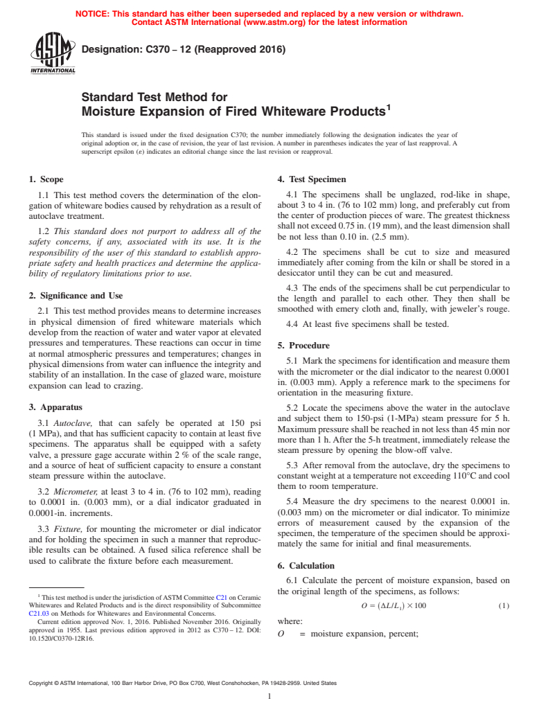 ASTM C370-12(2016) - Standard Test Method for  Moisture Expansion of Fired Whiteware Products