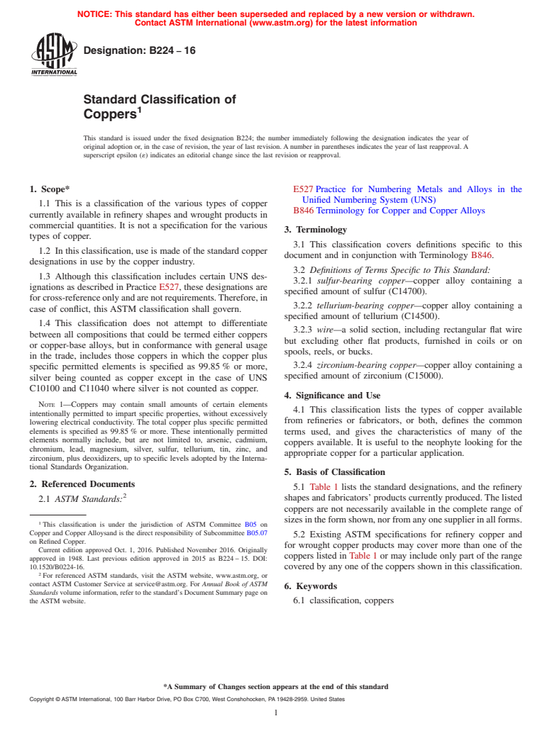 ASTM B224-16 - Standard Classification of Coppers