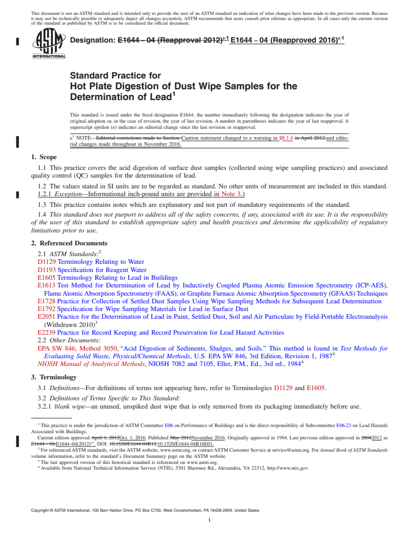 REDLINE ASTM E1644-04(2016)e1 - Standard Practice for Hot Plate Digestion of Dust Wipe Samples for the Determination  of Lead