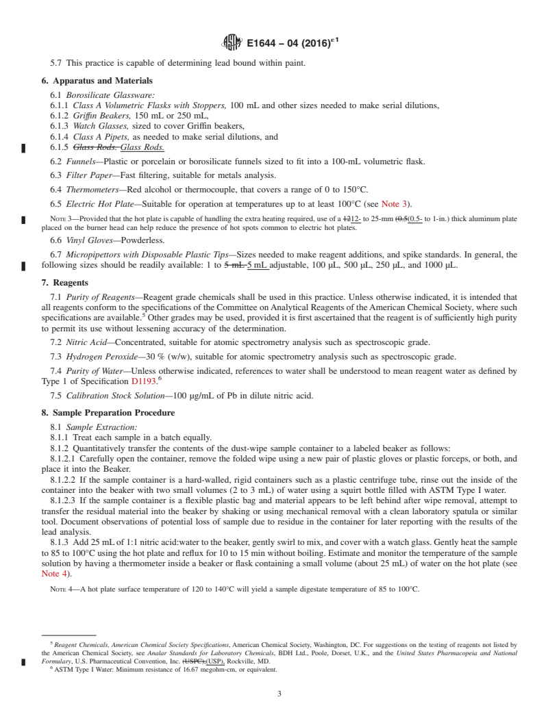 REDLINE ASTM E1644-04(2016)e1 - Standard Practice for Hot Plate Digestion of Dust Wipe Samples for the Determination  of Lead