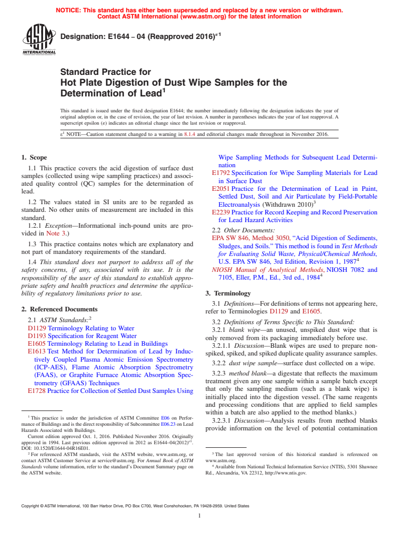 ASTM E1644-04(2016)e1 - Standard Practice for Hot Plate Digestion of Dust Wipe Samples for the Determination  of Lead