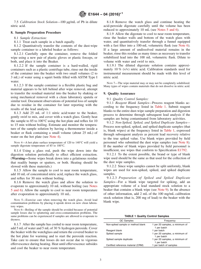 ASTM E1644-04(2016)e1 - Standard Practice for Hot Plate Digestion of Dust Wipe Samples for the Determination  of Lead