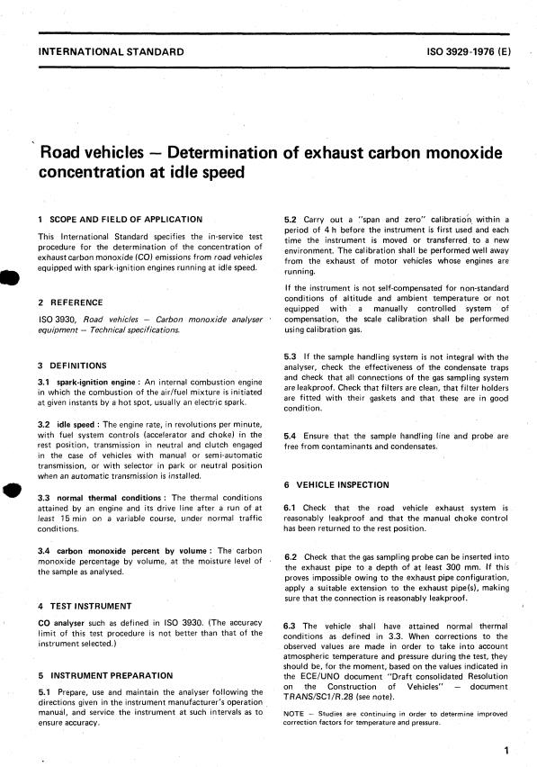 ISO 3929:1976 - Road vehicles -- Determination of exhaust carbon monoxide concentration at idle speed