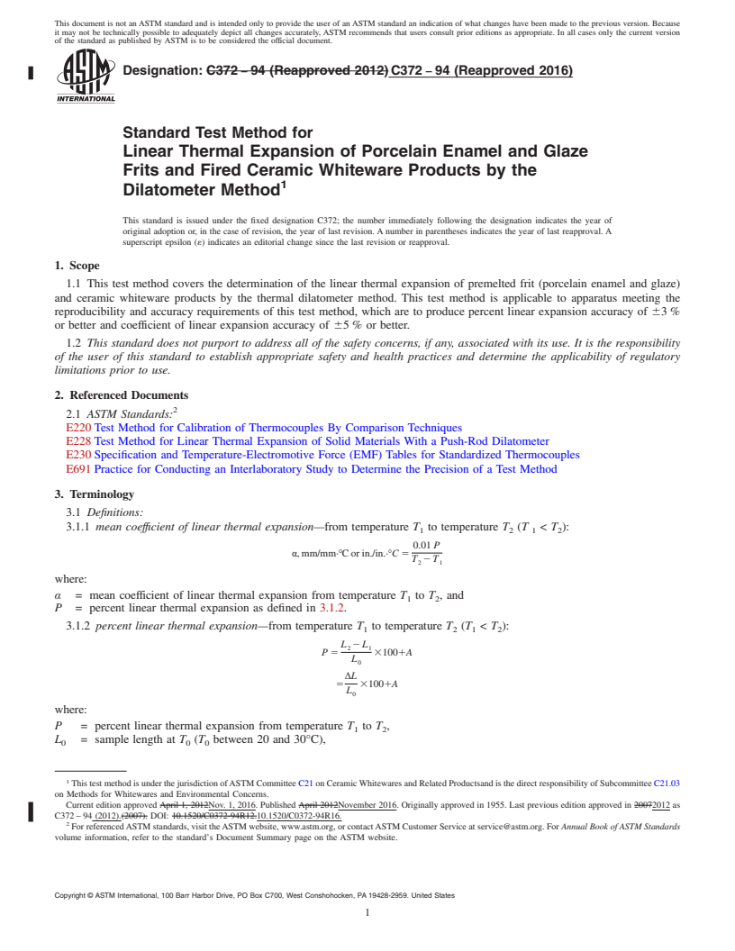 REDLINE ASTM C372-94(2016) - Standard Test Method for  Linear Thermal Expansion of Porcelain Enamel and Glaze Frits   and Fired Ceramic Whiteware Products by the Dilatometer Method