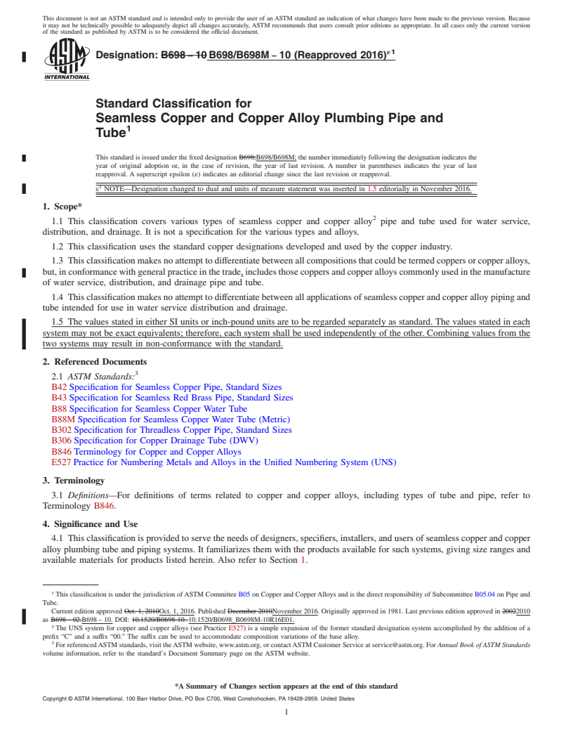 REDLINE ASTM B698/B698M-10(2016)e1 - Standard Classification for Seamless Copper and Copper Alloy Plumbing Pipe and Tube