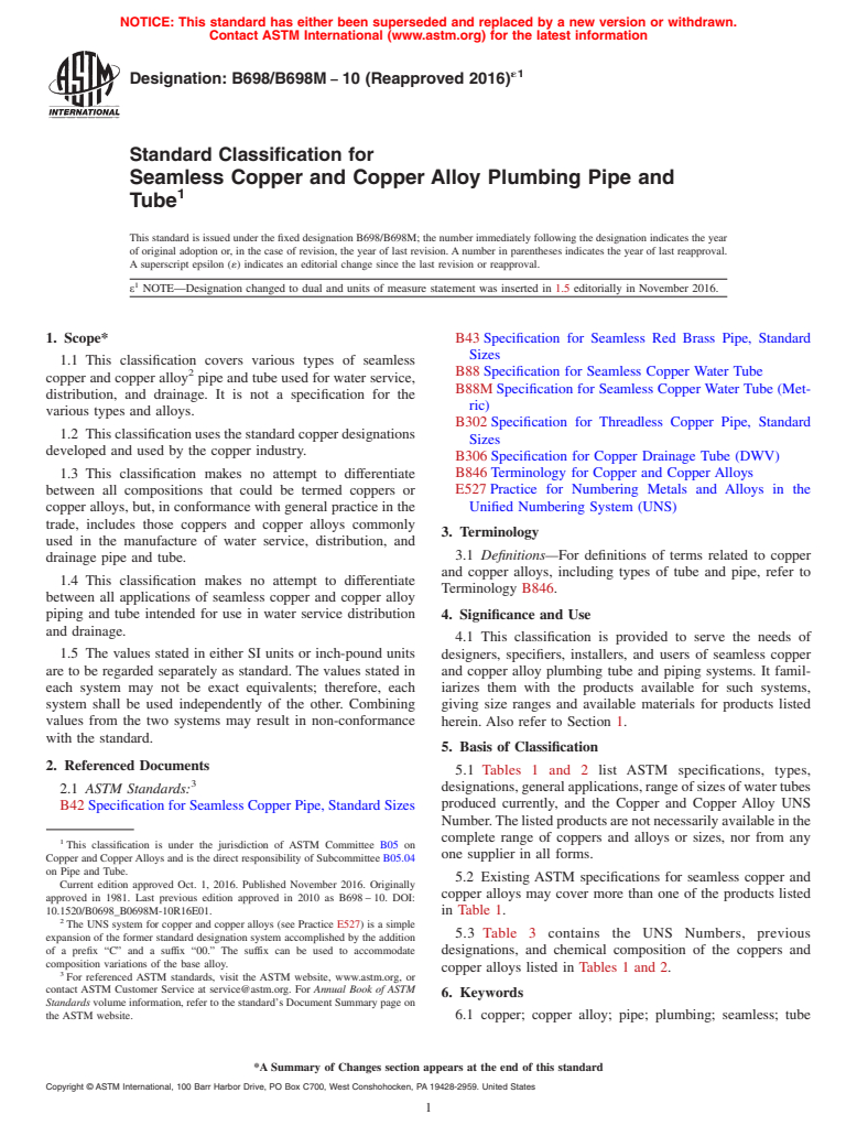 ASTM B698/B698M-10(2016)e1 - Standard Classification for Seamless Copper and Copper Alloy Plumbing Pipe and Tube