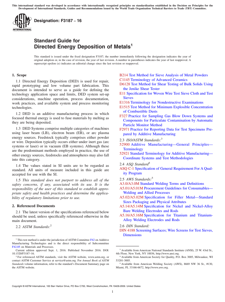 ASTM F3187-16 - Standard Guide for Directed Energy Deposition of Metals