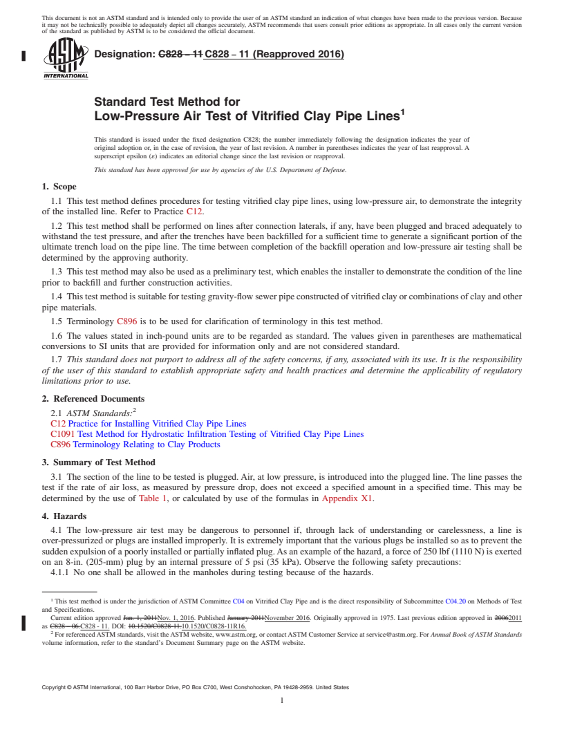 REDLINE ASTM C828-11(2016) - Standard Test Method for  Low-Pressure Air Test of Vitrified Clay Pipe Lines