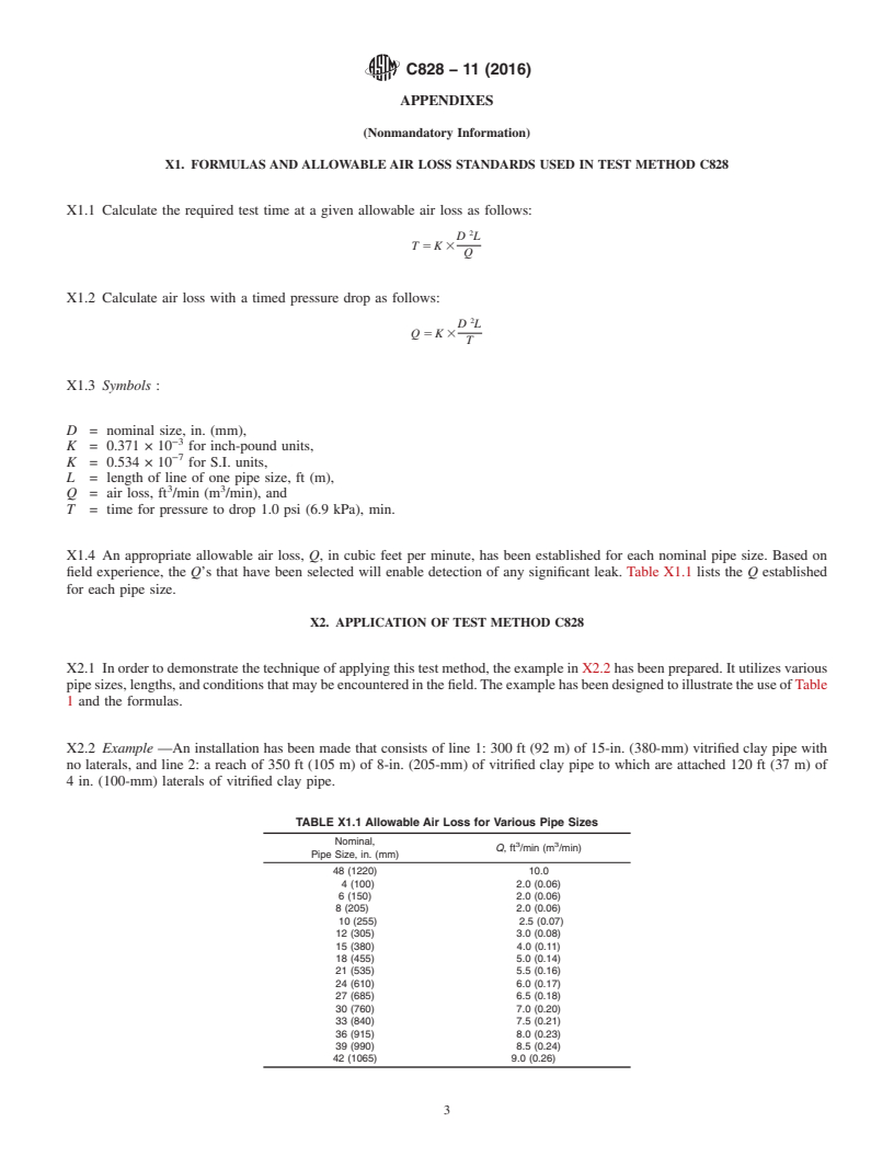 REDLINE ASTM C828-11(2016) - Standard Test Method for  Low-Pressure Air Test of Vitrified Clay Pipe Lines