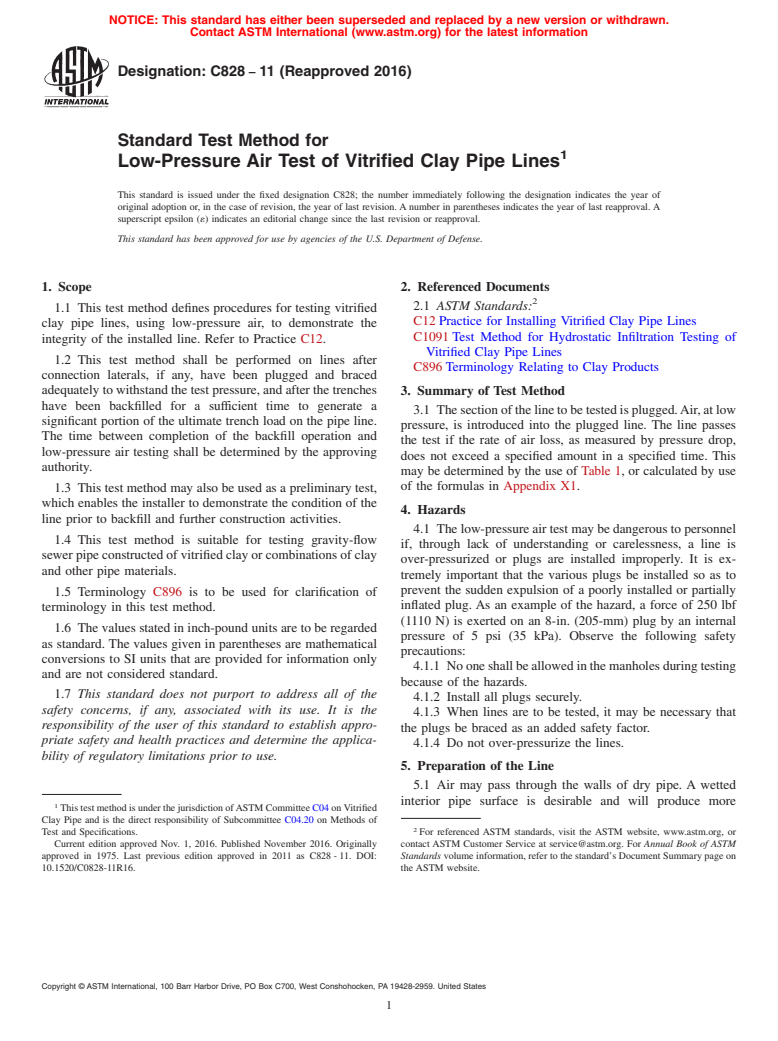 ASTM C828-11(2016) - Standard Test Method for  Low-Pressure Air Test of Vitrified Clay Pipe Lines